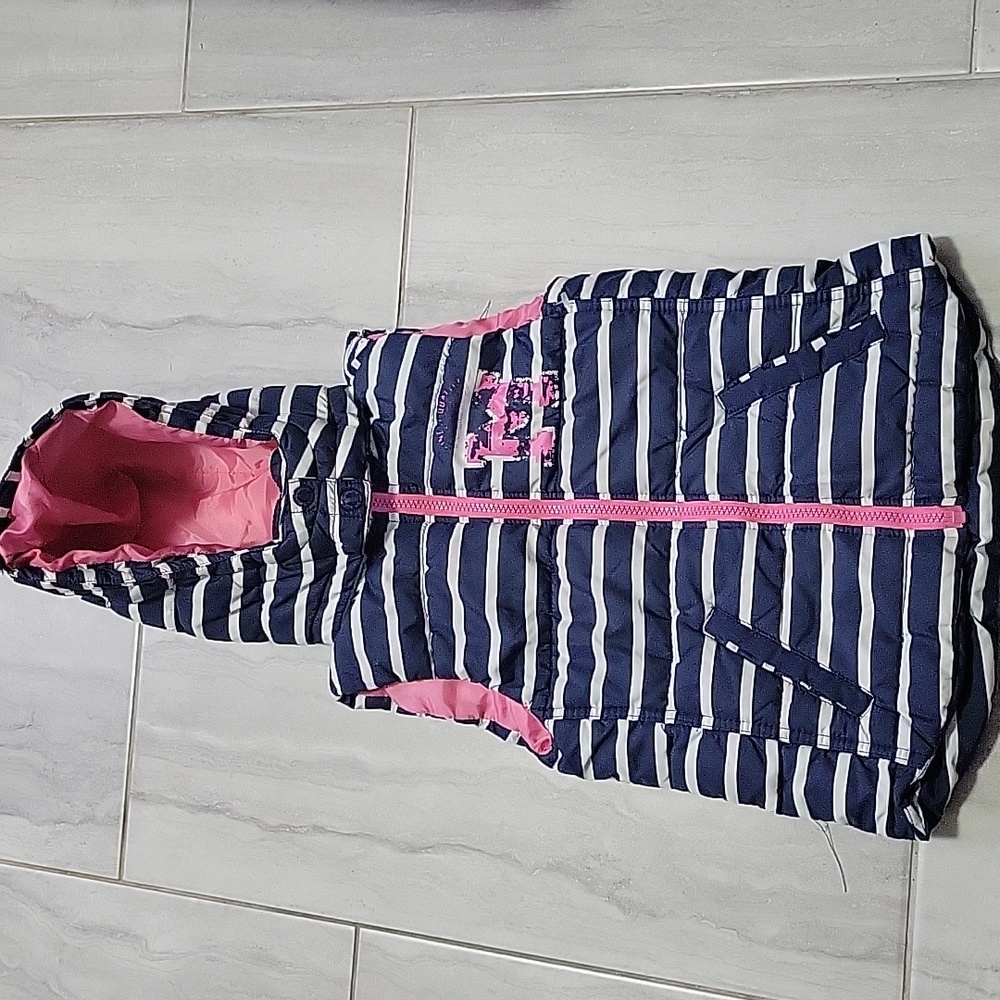 LOGG Striped Navy and Pink Puffer Hoodie Vest Size 7/8